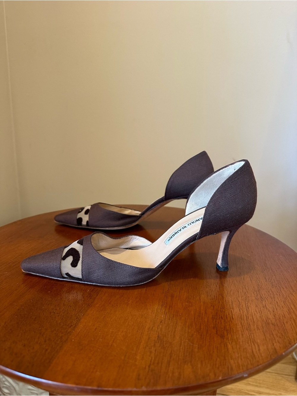 Manolo Blahnik Brown Pointed D'Orsay Pumps with Black-and-Cream Animal Panel - Picture 3 of 7